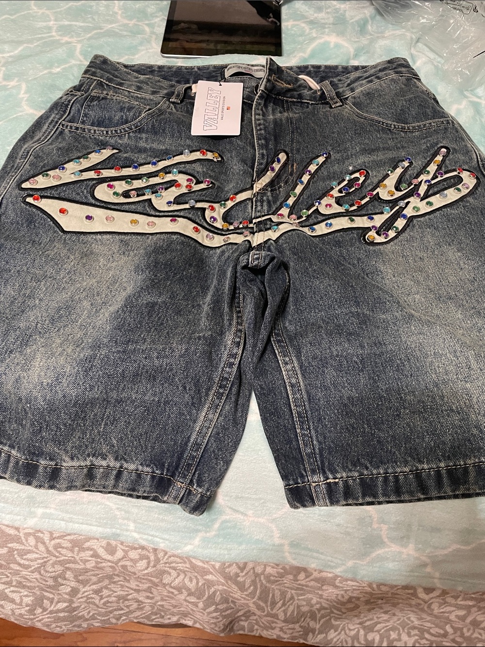Vale Forever Rhinestone Valley Jorts in a washed blue denim finish